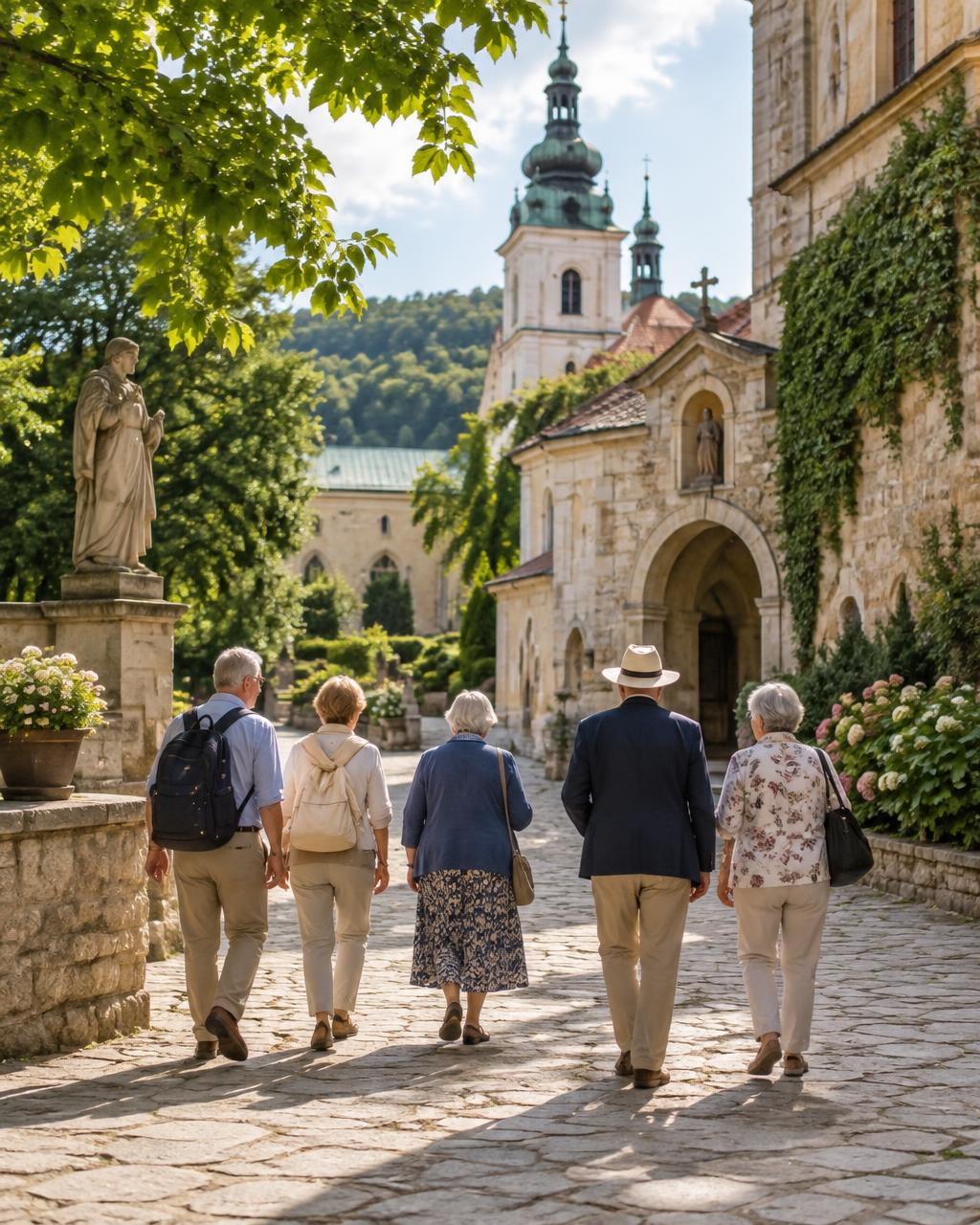 Seniorzy spacerują po zabytkowym dziedzińcu